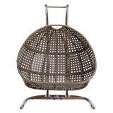 Chicken Pieces Brown Wicker Hanging Double-Seat Swing Chair with Stand w/Beige Cushion  