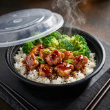 Chicken Pieces CP Black 6 1/4" Round Heavy Weight Microwaveable Container with Lid  16 oz - 150/Case (PALLET 60 CT)