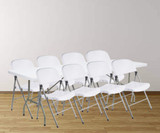 CP Granite White Heavy-Duty Blow Molded Plastic Folding Table with 8 White Folding Chairs 30" x 96"| Versatile Seating Ensemble for Extended Gatherings- Chicken Pieces