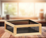 Cal-Mil Camden 12" x 12" x 4" Black Metal / Oak Wood Reversible Display Riser - Durable Riser for Restaurants, Caterers, and Bistros