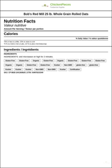 Bob's Red Mill 25 lb. (11.34 kg) Whole Grain Rolled Oats - Heart-Healthy — Nutrition and Ingredients Label — www.chickenpieces.com