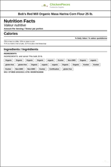 Bob's Red Mill 25 lbs. (11.34 kg) Organic Masa Harina Corn Flour — Nutrition and Ingredients Label — www.chickenpieces.com