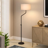 66" Black Adjustable Traditional Shaped Floor Lamp With White Frosted Glass Drum Shade