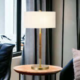 25" Gold Metal Two Light Table Lamp With White Drum Shade