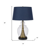 30" Antiqued Brass and Glass Table Lamp With Navy Blue Empire Shade - Chicken Pieces