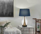 30" Antiqued Brass and Glass Table Lamp With Navy Blue Empire Shade - Chicken Pieces