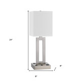 24" Nickel Metal Desk Usb Table Lamp With White Drum Shade - Chicken Pieces