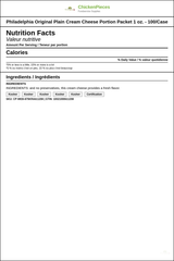 Philadelphia Original Plain Cream Cheese Portion Packets - 1 oz., 100/Case — Nutrition and Ingredients Label — www.chickenpieces.com