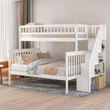 homeroots bed & bath White Twin Over Full Farmhouse Style Bunk Bed with Staircase 