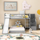 homeroots bed & bath Gray Twin Over Twin Perpendicular Bunk Bed with Storage Stairs and Slide 