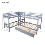 homeroots bed & bath Gray Twin Size L Shaped Double Bunk Bed with Drawer 