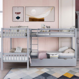 homeroots bed & bath Gray Twin Size L Shaped Double Bunk Bed with Drawer 