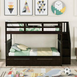 homeroots bed & bath Brown Double Full Size Stairway Bunk Bed With Drawer 