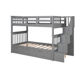 homeroots bed & bath Gray Twin Over Twin Bunk Bed with Stairway and Drawers 