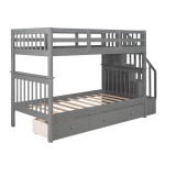 homeroots bed & bath Gray Twin Over Twin Bunk Bed with Stairway and Drawers 