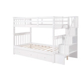 homeroots bed & bath White Twin Over Twin Bunk Bed with Stairway and Drawers 