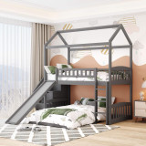 homeroots bed & bath Gray Twin Over Twin PlayHouse Perpendicular Bunk Bed with Slide 