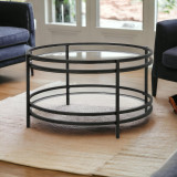 homeroots living room 32" Black and Glass Round Coffee Table With Shelf  homeroots living room 32" Black and Glass Round Coffee Table With Shelf