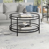 homeroots living room 32" Black and Glass Round Coffee Table With Shelf  homeroots living room 32" Black and Glass Round Coffee Table With Shelf