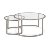 homeroots living room Set Of Two 36" Nickel and Glass Round Nested Coffee Tables 