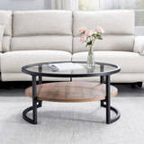 homeroots living room 34" Black Brown and Glass Round Coffee Table With Shelf  homeroots living room 34" Black Brown and Glass Round Coffee Table With Shelf