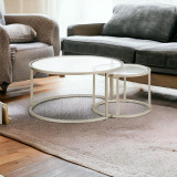homeroots living room Set Of Two 35" Silver Glass Round Nested Coffee Tables  homeroots living room Set Of Two 35" Silver Glass Round Nested Coffee Tables