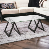 homeroots living room 46" Black and Glass Rectangular Sawhorse Base Coffee Table  homeroots living room 46" Black and Glass Rectangular Sawhorse Base Coffee Table