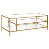 homeroots living room 46" Gold Glass Rectangular Coffee Table With Two Shelves 