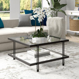 homeroots living room 32" Black Glass Square Coffee Table With Shelf  homeroots living room 32" Black Glass Square Coffee Table With Shelf