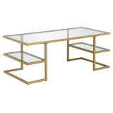 homeroots living room 47" Gold Glass Rectangular Coffee Table With Two Shelves 