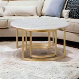 homeroots living room Set Of Two 36" Gold And White Faux Marble Round Nested Coffee Tables  homeroots living room Set Of Two 36" Gold And White Faux Marble Round Nested Coffee Tables