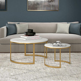 homeroots living room Set Of Two 36" Gold And White Faux Marble Round Nested Coffee Tables  homeroots living room Set Of Two 36" Gold And White Faux Marble Round Nested Coffee Tables