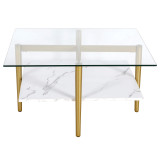 homeroots living room 32" Gold And White Glass Square Coffee Table With Shelf - CP-HMEROOTS-521991  homeroots living room 32" Gold And White Glass Square Coffee Table With Shelf - CP-HMEROOTS-521991