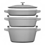  Staub 4-Piece Cast Iron Set w/ Universal Lid - Graphite Grey | Round Grill Pan 