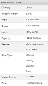 Bunn WEQ Single Water Filtration Cartridge Low to Medium Volume, 10,000 Gallons - Chicken Pieces