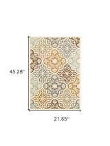 2' X 4' Gray And Ivory Floral Stain Resistant Indoor Outdoor Area Rug