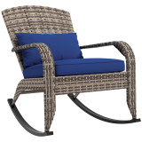 Chicken Pieces Outsunny Outdoor Wicker Adirondack Rocking Chair, Patio Rattan Rocker Chair with High Back, Seat Cushion, and Pillow for Garden, Porch, Balcony, Dark Blue 