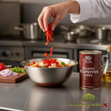 Bulk jar of Divina roasted red pepper strips for food service Flame roasted red pepper strips in brine for pizza toppings Professional 5.75 lb container of Mediterranean roasted peppers-CHICKEN PIECES