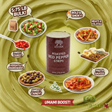 Bulk jar of Divina roasted red pepper strips for food service Flame roasted red pepper strips in brine for pizza toppings Professional 5.75 lb container of Mediterranean roasted peppers-CHICKEN PIECES