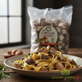 Frozen 2.2 lb bag of cubed porcini mushrooms Diced wild Boletus edulis mushrooms for professional chefs Bulk case of frozen porcini cubes for risotto and sauces-CHICKEN PIECES