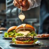 Finishing a gourmet burger with creamy sauce at the restaurant pass (AI-generated lifestyle scene)
