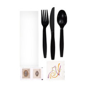 Gordon Choice Black Plastic Cutlery Kits, 7 Piece, Fork, Knife, Soup Spoon, Napkin, Wn, Salt, Pepper | 500UN/Unit, 1 Unit/Case