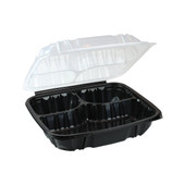Earth Choice 54oz 3-Compartment Hinged Black Containers, 10.5X9.5X3.1In, Clear Vented Lid | 132UN/Unit, 1 Unit/Case