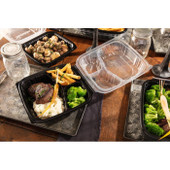 Earth Choice 54oz 3-Compartment Hinged Black Containers, 10.5X9.5X3.1In, Clear Vented Lid | 132UN/Unit, 1 Unit/Case