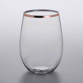 CP 16 oz. Heavy Weight Clear Plastic Stemless Wine Glass with Rose Gold Rim - 16/Pack-Chicken Pieces