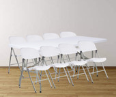 CP Granite White Heavy-Duty Blow Molded Plastic Folding Table with 8 White Folding Chairs 30" x 72" | Functional Seating Ensemble for Various Occasions- Chicken Pieces