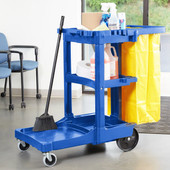 Rubbermaid Blue 3 Shelf Janitor Cart with Vinyl Zippered Bag - Efficient Cleaning and Organization- Chicken Pieces