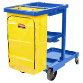 Rubbermaid Blue 3 Shelf Janitor Cart with Vinyl Zippered Bag - Efficient Cleaning and Organization- Chicken Pieces