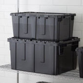 CP 27" x 17" x 12" Stackable Black Chafer Tote / Storage Box with Attached Lid (6-Pack) - Efficient Food Storage and Transport Solution-Chicken Pieces