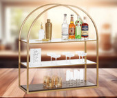 Cal-Mil Heritage 33 1/2" x 13 3/4" x 38 1/4" 3-Tier Arch Gold Metal / Oak Wood Display Merchandiser - Elevate Your Bar and Catering Presentation